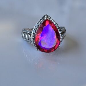 Genuine Volcanic Quartz & White Zircon Ring Sterling Silver Platinum Size 7!